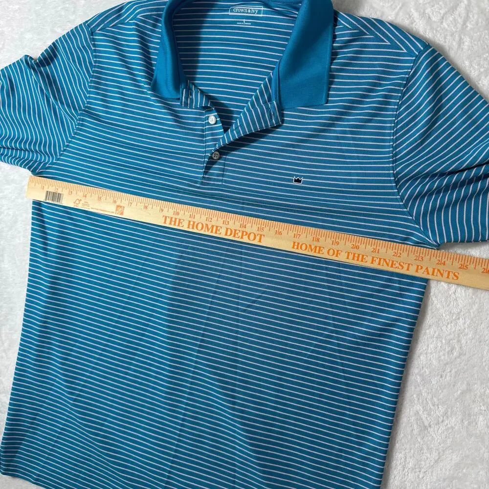 Crown & Ivy Men's L Striped Long Sleeve Pique Performance Polo Shirt Blue‎ White